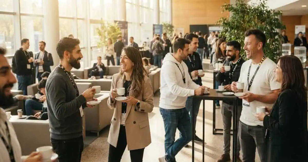 Asistentes emprendedores latinos conversando de forma calmada con vestimenta casual elegante en el lounge del evento.