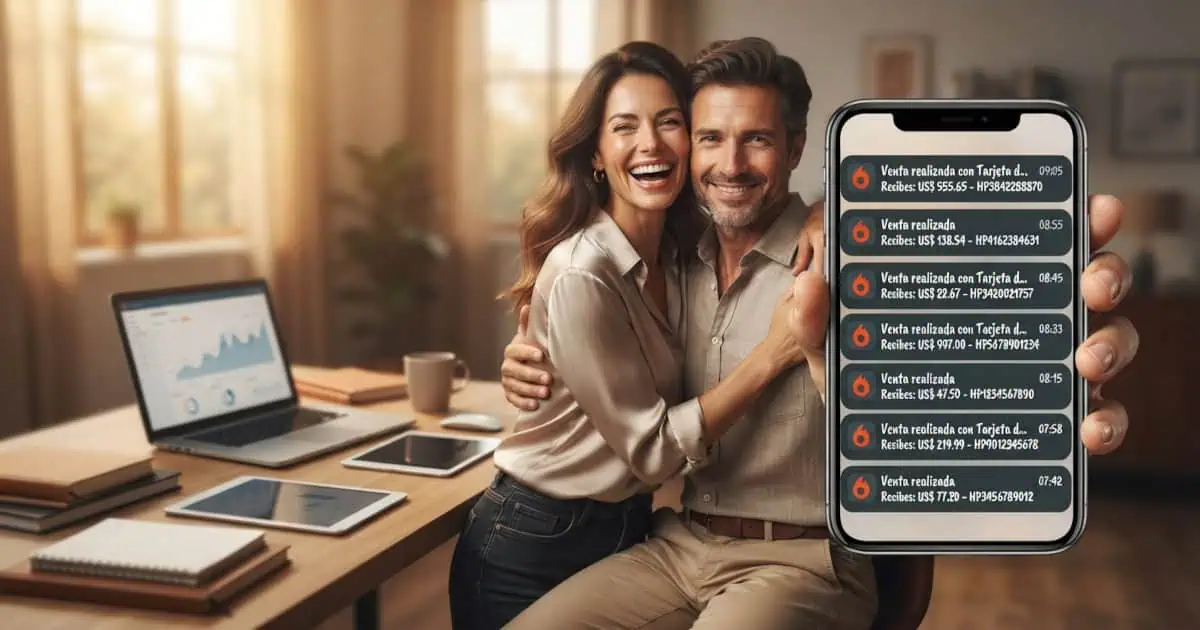 Pareja feliz generando ingresos desde casa con su negocio escalado gracias al paquete vitalicio.